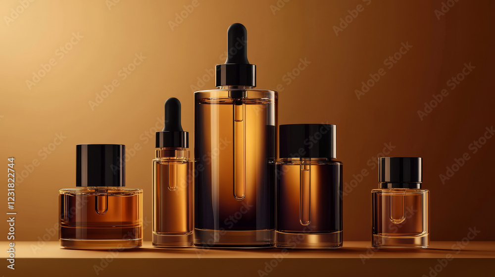 Mock up Realistic Glossy Amber Transparent Glass With Metallic Cap for Cosmetic Soap, Shampoo, Cream, Oil Dropper and Spray Bottles Set With Black Cap for Skincare Product Background Illustration Mock up Realistic Glossy Amber Transparent Glass With Metallic Cap for Cosmetic Soap, Shampoo, Cream, Oil Dropper and Spray Bottles Set With Black Cap for Skincare Product Background Illustration