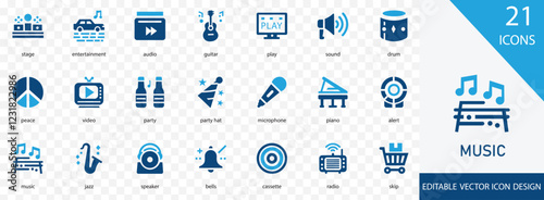 Music solid icon set. containing  microphone, stage, peace, party, entertainment, cassette and more vector design 