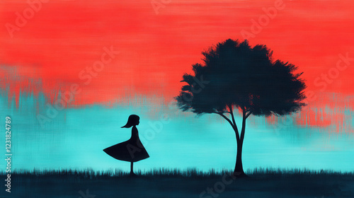 Girl silhouette with tree vibrant sunset sky