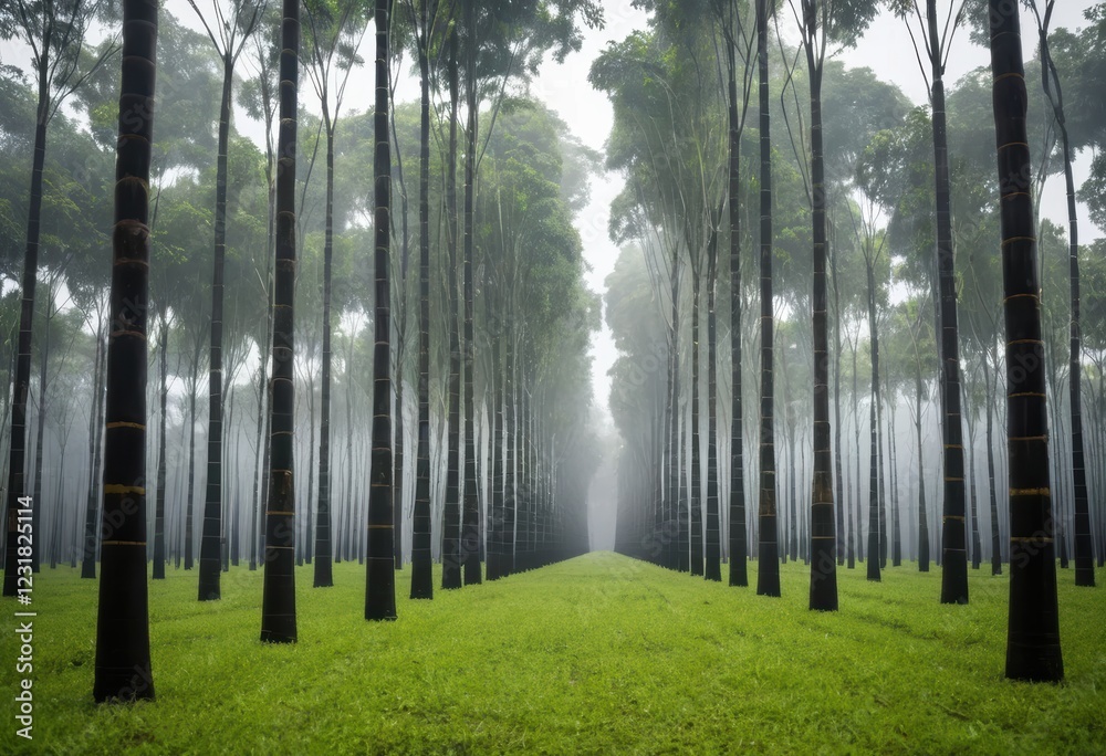 Obraz premium Mystical Fog Envelops a Serene Bamboo Forest Path, Leading to a Misty Horizon