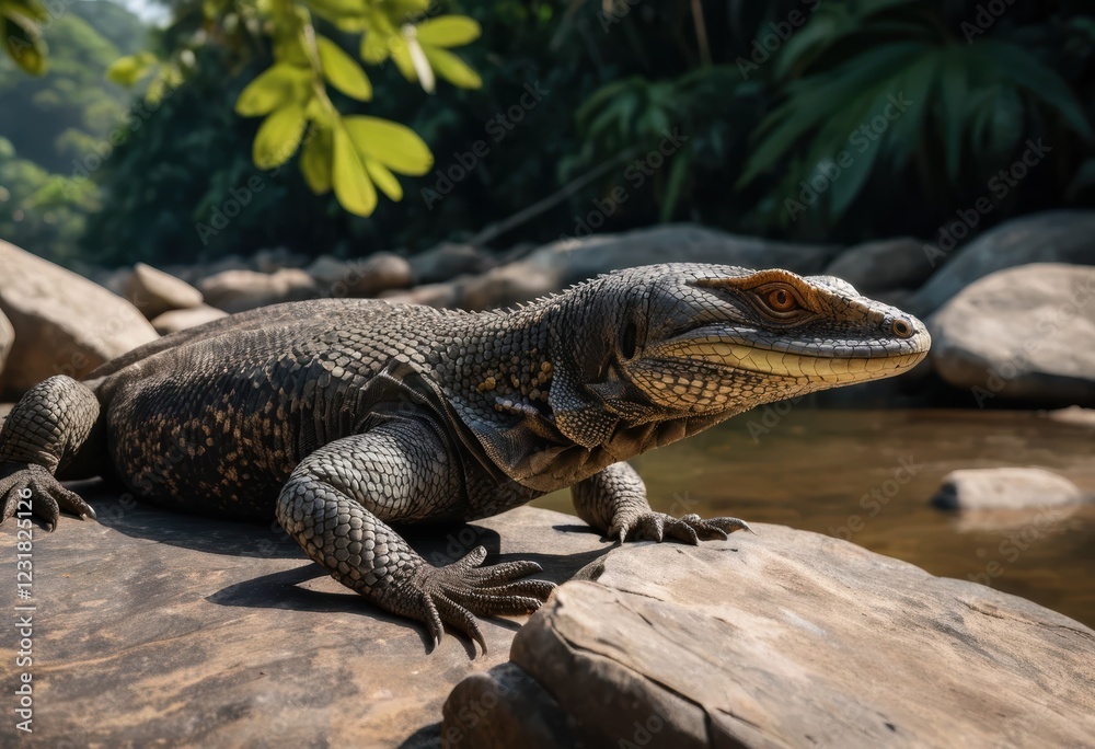 Obraz premium Powerful Prehistoric Lizard Basking on Sun-Drenched River Rocks