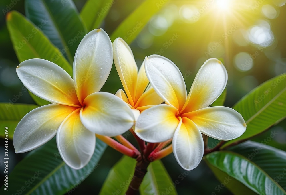 Obraz premium Radiant Plumeria Blossoms: Vibrant Tropical Flowers in Sunlight