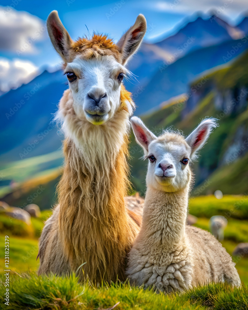 Obraz premium A charming scene of a llama and its young offspring amidst a picturesque, mountainous landscape.