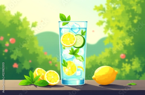 A glass of water with ice and pieces of lemon and cucumber.