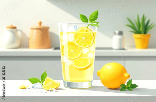A glass of lemonade with ice and lemon slices. Refreshing drink.