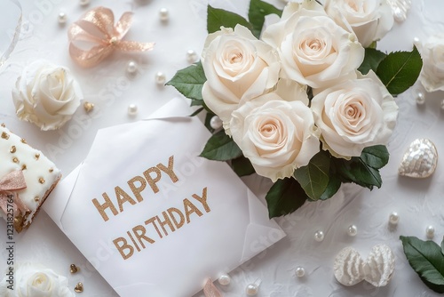 Roses with a birthday card and decor for celebration, on white background