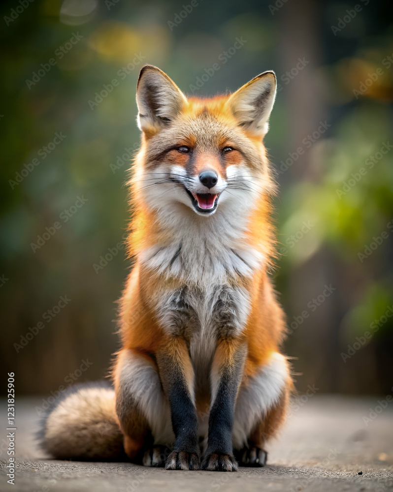 Obraz premium A cheerful fox sits elegantly, showcasing its vibrant orange fur and playful demeanor against a blurred natural background.