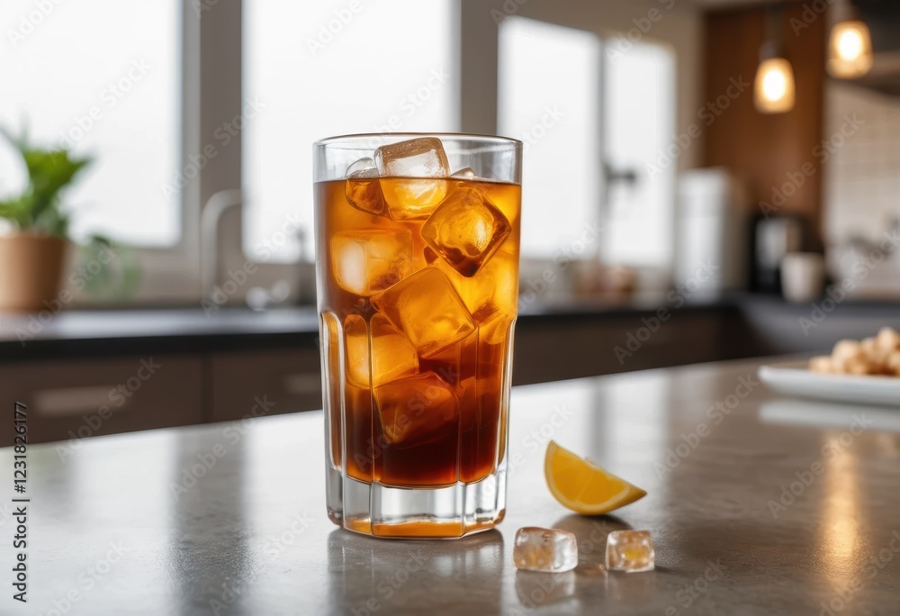 Refreshing Iced Tea Drink with Lemon on Kitchen Counter Refreshing Iced Tea Drink with Lemon on Kitchen Counter