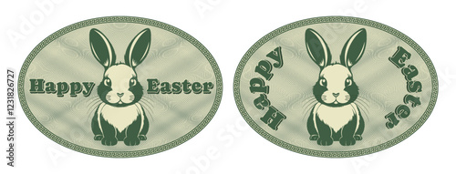 Vector set of oval green greeting stickers. Happy Easter. Cute graphic sitting rabbit. Fluffy soft cuddly bunny. Funny april