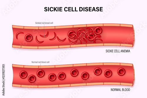 Sickle cell disease. Diagram of comparison Blood flow between sickle cell disease and normal blood vessels. Blood Disorder.