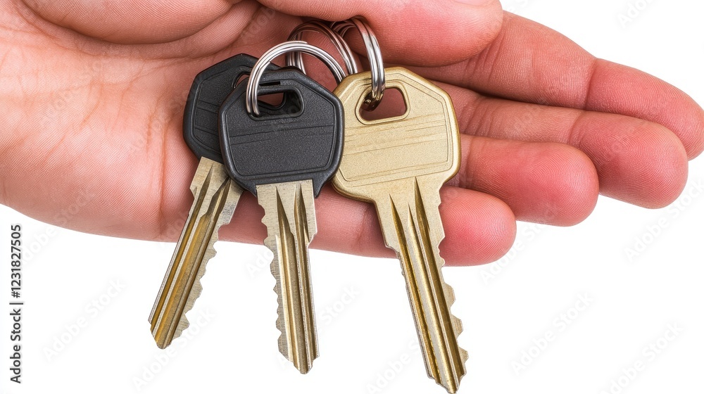Hand holding house keys with keychain isolated on a clean background showing personal ownership Hand holding house keys with keychain isolated on a clean background showing personal ownership