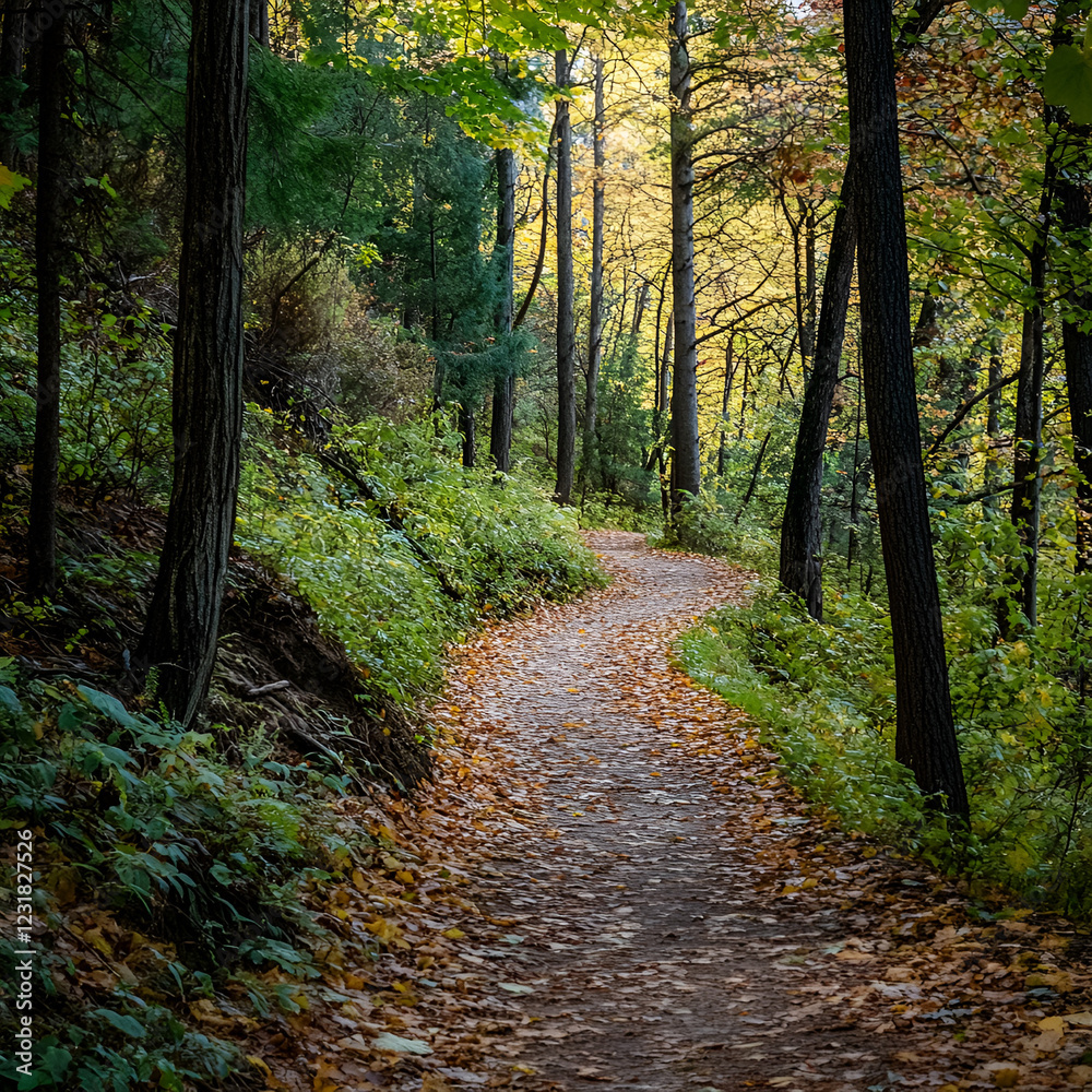 Fototapeta premium Winding Path in Autumn Woods: Capture the essence of autumn with a scenic view of a path that winds through a vibrant forest, inviting viewers to a peaceful walk amidst the trees and fallen leaves.