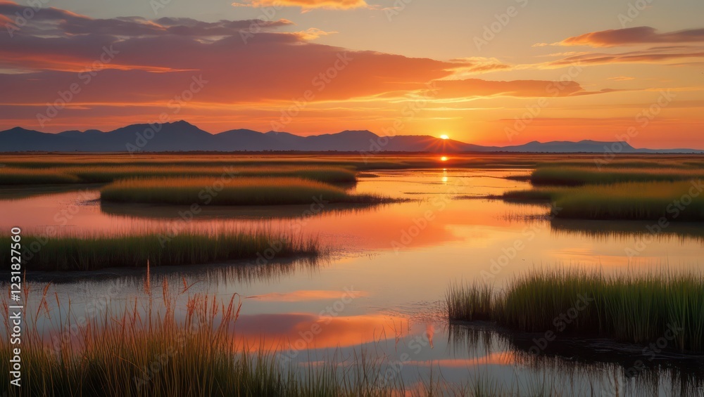 Scenic Sunset Landscape View Over a Sea with Mountains in the Background Scenic Sunset Landscape View Over a Sea with Mountains in the Background
