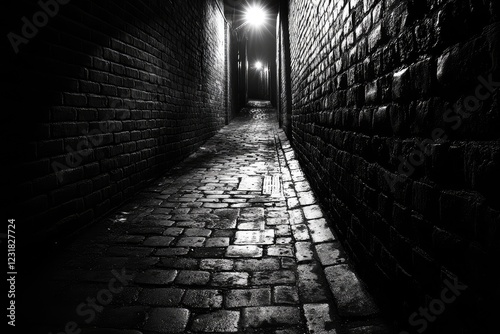 A narrow alleyway lit by a single streetlight, casting long shadows on old brick walls and creating a sense of mystery. photo