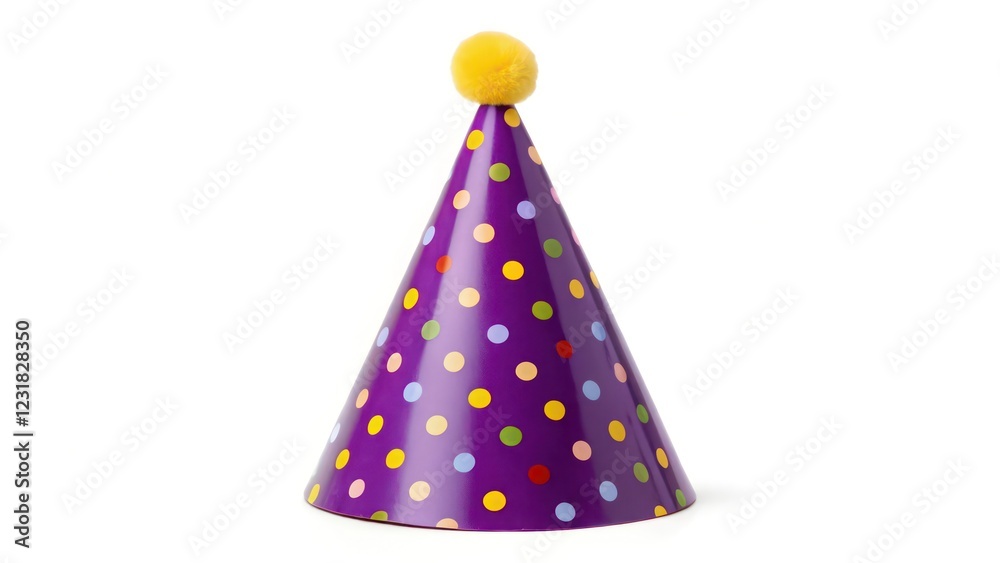 Purple party hat with festive polka dots on white background Purple party hat with festive polka dots on white background