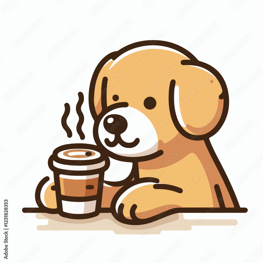 Cute Puppy with Coffee: An adorable cartoon puppy with fluffy tan fur sits at a table, gazing at a steaming cup of coffee. The illustration is done in a simple, charming style with bold outlines. Cute Puppy with Coffee: An adorable cartoon puppy with fluffy tan fur sits at a table, gazing at a steaming cup of coffee. The illustration is done in a simple, charming style with bold outlines.