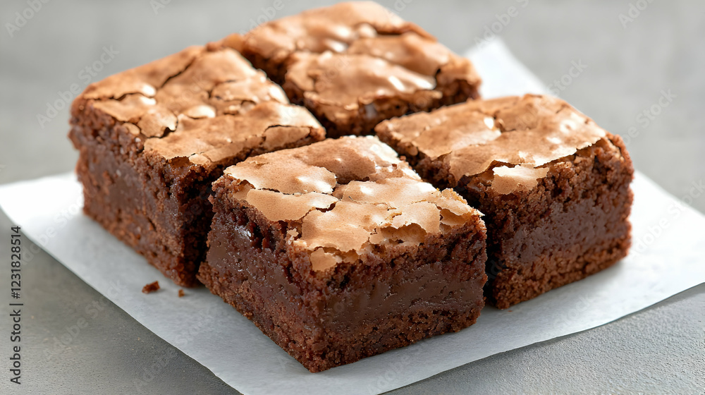 Four chewy brownies on parchment paper. Food photography for recipe websites Four chewy brownies on parchment paper. Food photography for recipe websites