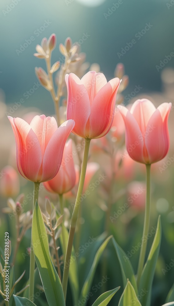 Enchanting garden scene with vibrant pink tulips and sunlight filtering through the leaves Enchanting garden scene with vibrant pink tulips and sunlight filtering through the leaves