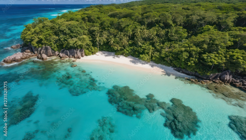 Aerial view of a tropical beach with clear blue water and lush greenery Aerial view of a tropical beach with clear blue water and lush greenery