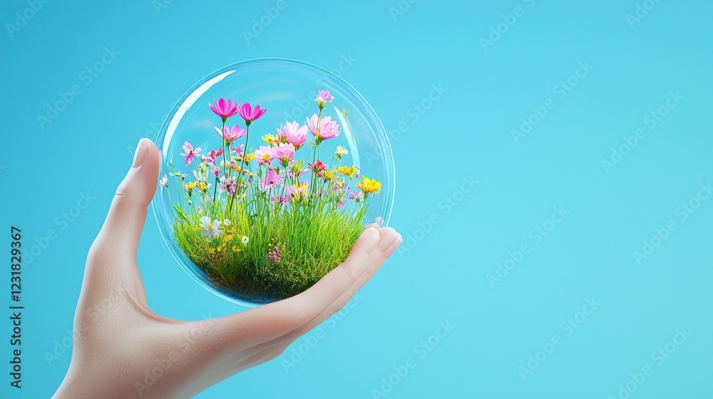 Hand Holding a Glass Sphere with Pink Flowers and Green Plants on a Blue Background Hand Holding a Glass Sphere with Pink Flowers and Green Plants on a Blue Background