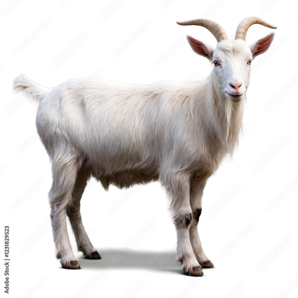 White goat with small horns and a calm expression isolated on a clean PNG background, featuring a cute and friendly appearance, ideal for educational materials, farm lifestyle designs, and pastoral sc White goat with small horns and a calm expression isolated on a clean PNG background, featuring a cute and friendly appearance, ideal for educational materials, farm lifestyle designs, and pastoral sc