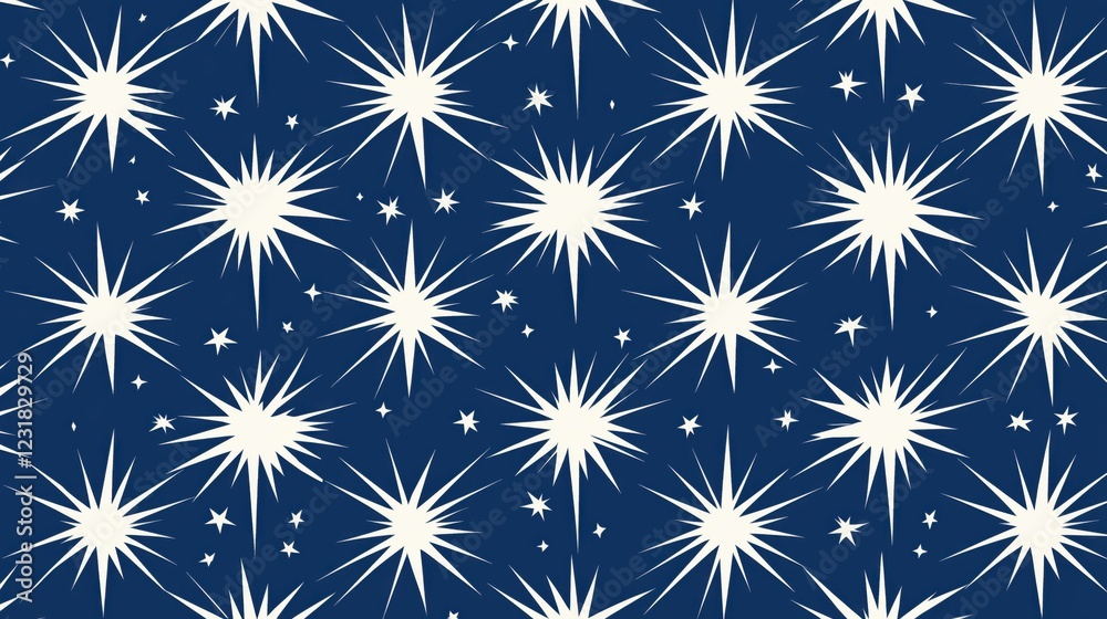 Seamless celestial star pattern with white bursts on deep blue background Seamless celestial star pattern with white bursts on deep blue background
