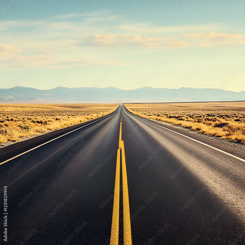 Fototapeta premium Road to the Horizon: An endless road stretches towards a distant mountain range under a clear, expansive sky, evoking feelings of freedom and adventure.