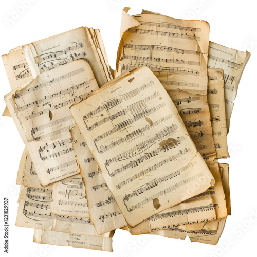 Old musical notes pages isolated on transparent background. 