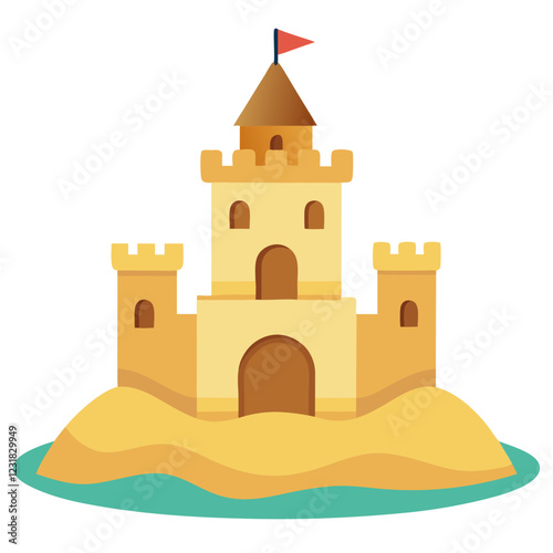 Intricate sandcastle crafted with towers and a flag, set on a sandy structure with water at its base. This artistic creation showcases skill and imagination in a playful environment