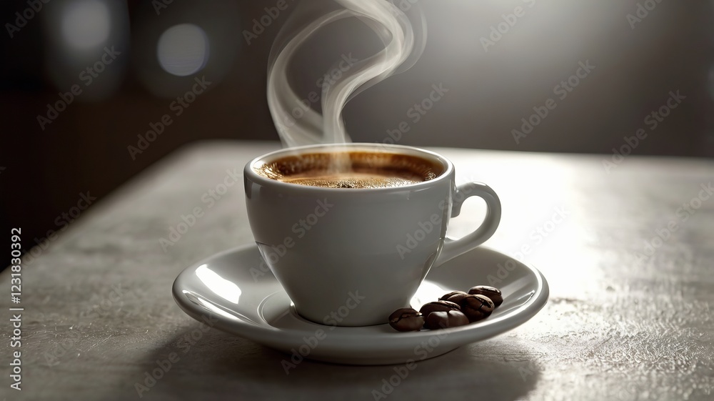 Obraz premium Rich Espresso with Thick Crema Steaming on White Table – Coffee Perfection
