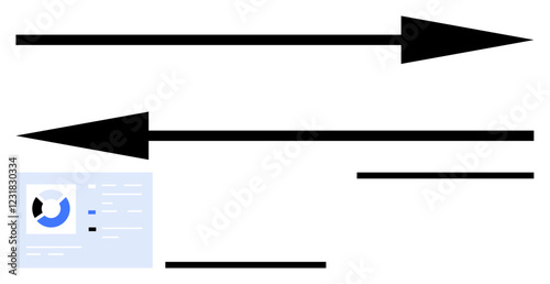 Black arrows of varying sizes indicating opposing directions with data dashboard design element. Ideal for data flow, business strategy, progress tracking, navigation, decision-making, efficiency