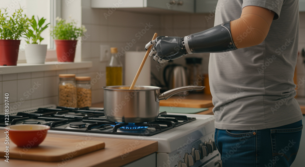 Man with prosthetic arm, cooking in kitchen, health and accessibility, meal preparation, with inclusion and adaptive living, home kitchen, Caucasian ethnicity Man with prosthetic arm, cooking in kitchen, health and accessibility, meal preparation, with inclusion and adaptive living, home kitchen, Caucasian ethnicity