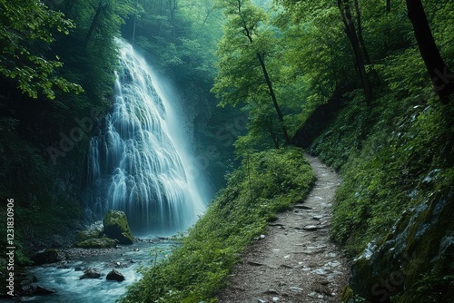 A narrow trail through a dense forest leading to a hidden waterfall, the sound of water growing louder as the path winds deeper into the woods.