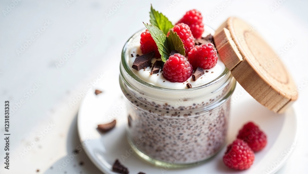 A keto chia seed pudding in a glass jar layered with unsweetened coconut cream, fresh raspberries, and a sprinkle of dark chocolate shavings A keto chia seed pudding in a glass jar layered with unsweetened coconut cream, fresh raspberries, and a sprinkle of dark chocolate shavings