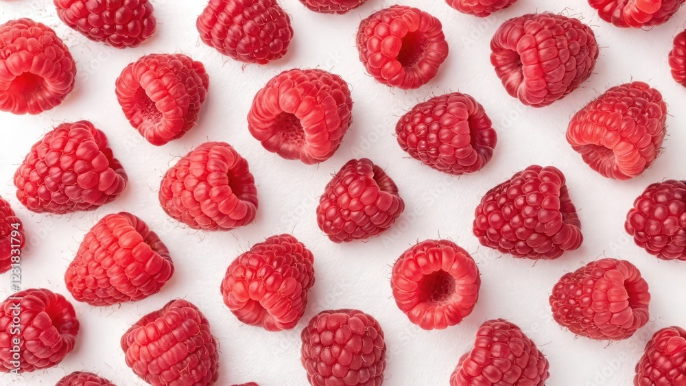 Top View of a Red Rasperry Pattern Arranged Neatly on a White Background Top View of a Red Rasperry Pattern Arranged Neatly on a White Background