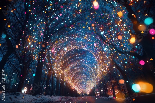 A night sky filled with swirling patterns of light and floating confetti above a vibrant, festive celebration.