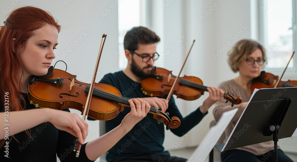 Violin, practice and music with diverse people playing instrument, ensemble and rehearsal. Musical training, culture and student learning with performance, artistic passion and practice Violin, practice and music with diverse people playing instrument, ensemble and rehearsal. Musical training, culture and student learning with performance, artistic passion and practice