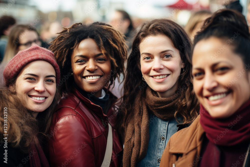AI generated image of young women on a social protest with diverse crowd AI generated image of young women on a social protest with diverse crowd