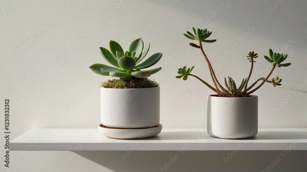 Fototapeta premium Simple Potted Succulent on a White Shelf – Minimalist Home Decor Style