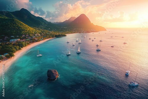 Sailboats on the ocean at sunset, with mountains and beach, great for travel marketing