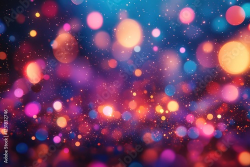 A night sky filled with vibrant fireworks and glowing confetti over a lively, festive celebration.