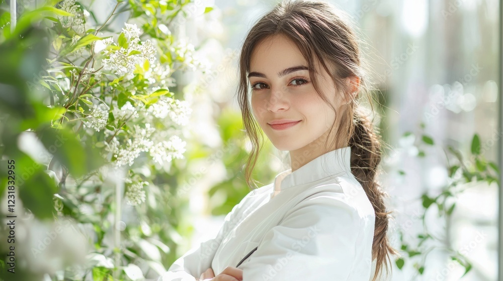 Young Woman in Greenhouse Surrounded by Plants Young Woman in Greenhouse Surrounded by Plants