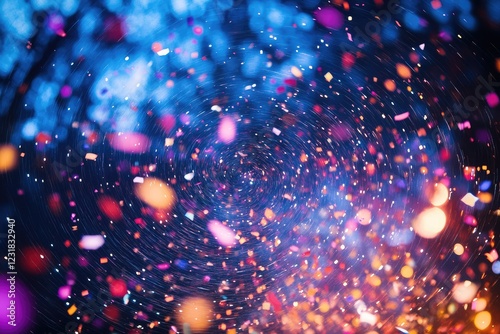 A night sky filled with swirling patterns of light and floating confetti above a vibrant, festive celebration.