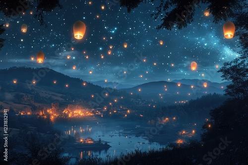 A night sky filled with floating paper lanterns and shimmering stars above a serene landscape.