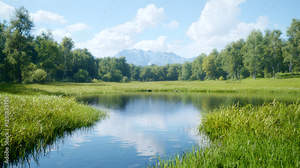 Fototapeta premium Serene mountain lake, green meadow, sunny day, nature background, ideal for travel brochures