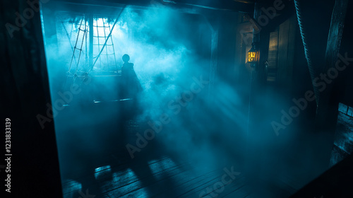 Pirate ghost in cabine on ship at night. Abandoned room with spooky captain corsair holding coin. Scary dark interior halloween vector background cartoon illustration with female character.