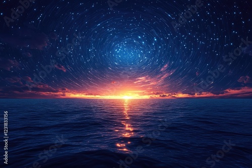A night sky filled with swirling constellations above a calm sea, the stars forming dynamic patterns that seem to move across the heavens.