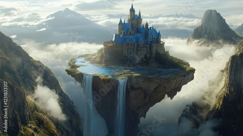 Magic blue castle on rock flying above river in canyon. Vector cartoon fantasy illustration of mountain landscape with water stream in gorge and royal palace with clouds around towers photo