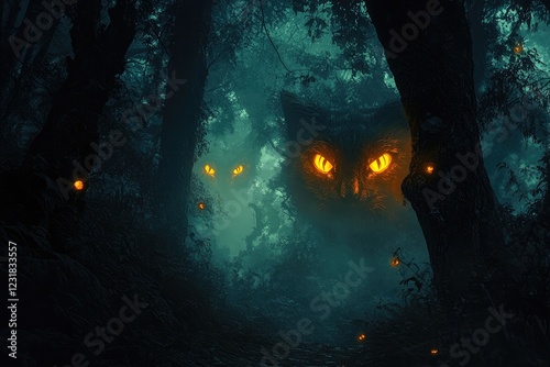 A night vision scene in a forest with glowing animal eyes, evoking a sense of hidden danger and nocturnal mystery.