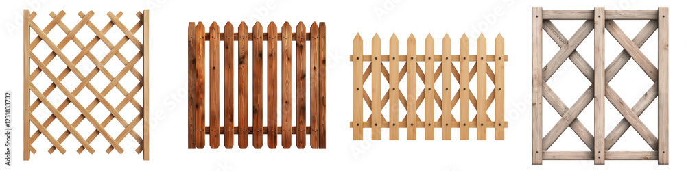 Variety of wooden fence lattice gates in different rustic country cottage style outdoor landscaping designs for home backyard garden or patio environments  Decorative classic